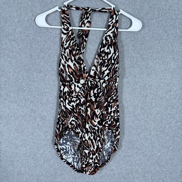 Aqua Green Swimsuit Small One Piece Leopard Animal Halter Ruched Low‎ Back Sexy - Picture 1 of 11